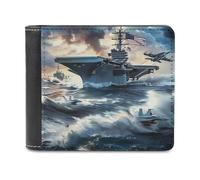 Warship Battleship Military Jet Airplane Leather Men's Bifold Wallet Minimalist Credit Card Holder Simple Coin Purse with Hidden Slots
