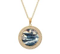 Warship Battleship Military Jet Airplane Multicolored Diamond Necklaces Jewelry Brilliant Circle Pendant Necklace Gift for Women
