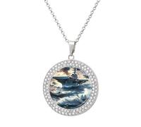 Warship Battleship Military Jet Airplane Multicolored Diamond Necklaces Jewelry Brilliant Circle Pendant Necklace Gift for Women