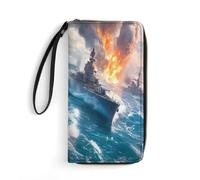Warship Battleships Women's Wallet Leather Bifold Blocking Card Holder Trendy Ladies Clutch Purse with Hand Rope 19.7x10.5cm