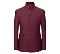 WarsoniodSona Men's Wine Solid Color Casual Blazer, Short Sleeve, Band Collar, Slim Fit, Polyester, 180Cm (80,88Kg)