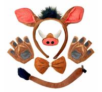 Warthog Costume Set, Animal Costume, Cosplay, Ears, Nose Gloves, Tail Bow Tie for Halloween, Party Accessories, Birthday Party, Carnival, Jungle Party, Christmas Performance Props, Pack of 5