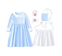 Wartime Girl Nurse Costume 5 Piece Set Halloween Cosplay Dress Outfits Peter Pan Collar Kids Cosplay Dress Up Costume (Sky Blue, 8-9 Years)