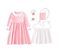 Wartime Girl Nurse Costume 5 Piece Set Halloween Cosplay Dress Outfits Peter Pan Collar Kids Cosplay Dress Up Costume (Pink, 8-9 Years)