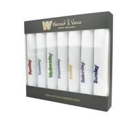 Warwick & Vance Pack Of 7 Mens/Gentlemens White Handkerchiefs, Embroidered Days Of The Week With Satin Stripe Borders, 100% Cotton, 40 x 40cm