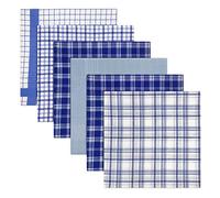 Warwick & Vance Men's 100% Cotton Handkerchiefs Pack Of 6, Check & Dyed Hankies, Blue With Satin Stripe Borders, 40 x 40cm