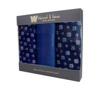 Warwick & Vance Men's 100% Cotton Handkerchiefs Pack Of 3, Blue Patterned Handkerchiefs With Satin Stripe Borders, 40 x 40cm