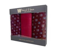 Warwick & Vance Men's 100% Cotton Handkerchiefs Pack Of 3, Red Patterned Hankies With Satin Stripe Borders, 40 x 40cm