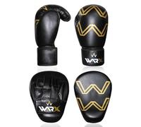WARX Boxing Gloves and Pads set Focus Punch Mitts MMA Training Sparring Hook and Jab strike target with Punching Gloves (Black/Gold, 12oz)