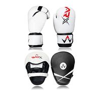 WARX Boxing Gloves and Pads set Focus Punch Mitts MMA Training Sparring Hook and Jab strike target with Punching Gloves (White, 10oz)