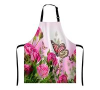 Wasach Flower Decor Butterfly Fliying on the Pink Rose Apron,Adjustable Neck Bib for Men Women,Suitable for Kitchen Cooking Waitress Chef