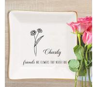Wasetell Personalized Birth Flower Jewelry Dish with Name Custom Friends Are Flowers That Never Fade Jewelry Tray Dish Birthday Flower Ceramic Jewelry Plate Gifts for Women Friends