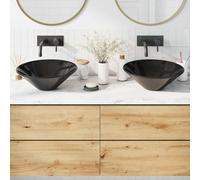 Wash Basin Set 2 Gloss Black 42x14 cm Ceramic Countertop AboveCounter Minimalist