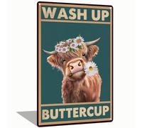 Wash Up Buttercup Highland Cow Funny Vintage Tin Sign for Bathroom Wall Decor Toilet Restroom Bar Highland Cattle Lover 8x12 Inch (2552)