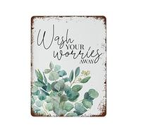Wash Worries Away Eucalyptus Botanical Wall Art, Metal Sign, Perfect for Bar or Bathroom, 5.5x8 Inch
