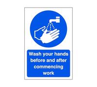 Wash your hands before and after commencing work - Food Preparation/Safety/Wash Hands/Clean/Kitchen - High tack self-adhesive sticker (200mm x 150mm) Viewing Distance within 5m.