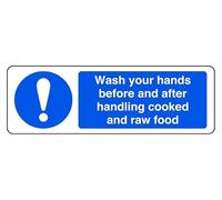 Wash Your Hands Before And After Handling Cooked And Raw Food - safety sign - High tack self-adhesive sticker (300mm x 100mm) Viewing Distance within 5m.