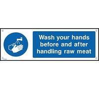 Wash Your Hands Before and After Handling Raw Meat Sign - 150mm x 50mm - 1.2mm Rigid Plastic Drilled Sign (FP48)