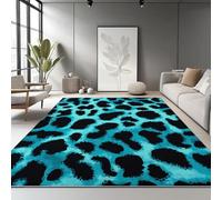 Washable 100 x 150 cm Area Rug for Living Room - Large Blue Rugs Color Blocks Leopard Print Printed Carpet with Non-Slip Rubber Backing for Bedroom, Dining Room, Offic
