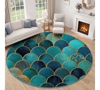 Washable 120 cm Living Room Round Rug, Stylish Art Deco Carpet Teal | Classic Geometric Fish Scales, Non-Slip Soft Low Pile, Circle Area Rug for Coffee Table, Bedroom, Dining room, Sofa Chair