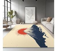 Washable 140 x 200 cm Area Rug for Living Room - Large Beige Rugs Retro Mount Fuji Sun Printed Carpet with Non-Slip Rubber Backing for Bedroom, Dining Room, Offic