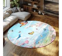 Washable 200cm Round Area Rugs Spring Bird and Flower Wonderland Area Rug Butterfly Valley Rug Soft Low Pile Indoor Outdoor Carpets for Living Room Bedroom