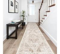 Washable 2'6''x14' Runner Rug - Non-Slip Vintage Runner Rug for Entryway Low-Pile Medallion Long Rugs for Hallway Waterproof Traditional Runner Rugs Indoor Thin Rug for Kitchen (Cream/Beige)
