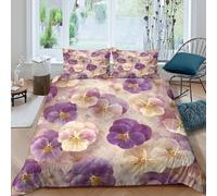 Washable 3D Print Microfiber Purple Pansies Floral Duvet Cover Breathable Bedding Set w/ Pillow Shams Garden Flower Bed Quilt Cover All Season, Easy Care, Washable Teens Adults Super king（260x220cm）