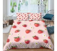 Washable 3D Print Microfiber Strawberry pattern Duvet Cover Breathable Bedding Set with Pillow Shams Nature inspired Bed Quilt Cover All Season, Easy Care, Washable for Teens Adults King（220x240cm）