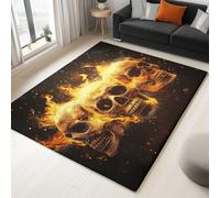 Washable 40x60 cm Area Rug - Small Short lint Black Rugs with Non-Slip Rubber Backing, Horror Flame Skull Printed Carpet for Living Room Bedroom Dining Room Offic