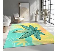 Washable 60x90 cm Area Rug for Living Room - Large Yellow-Green Rugs Cartoon Marijuana Leaf Printed Carpet with Non-Slip Rubber Backing for Bedroom, Dining Room, Offic