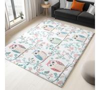 Washable 60x90 cm Area Rug - Small Short lint White Rugs with Non-Slip Rubber Backing, Cartoon Owl Leaf Printed Carpet for Living Room Bedroom Dining Room Offic
