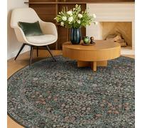 Washable 7ft Big Rugs for Living Room, Soft Round Area Rugs for Bedroom Under Bed, Dark Green Non Slip Large Carpet for Dining Room, Boho Floral Décor