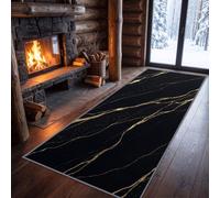 Washable Abstract Agate Gold Foil Stripes 80 x 300 cm Runner Rug | Soft Easy to Clean Deep Black Kitchen Rug, Modern Marble Art Luxury Non Slip Print for Hallway, Lounge, Bedroom, Home Office