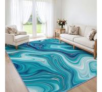Washable Abstract Fluid Marble Agate Gold Stripes Living Room Rug 160x230 | Soft Non Slip Modern Luxury Carpet, Teal Aqua Blue Printed Low Pile Rug Bedroom Office Dining Room Laundry Decor