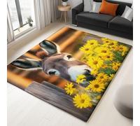 Washable Accent Rug 60 x 90 cm - Ultra Soft Short Pile Non-Slip Non-Shedding Stain Resistant Flannel, Animal Donkey Daisy Flowers Carpet for Entryway Bedside Kitchen - Yellow