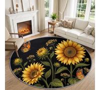 Washable Aesthetic Plants Sunflower Insect Butterfly Round Rug 100 cm | Soft Non Slip Rustic Cottagecore Circle Carpet, Golden Yellow Printed Low Pile Rug Bedroom Office Dining Room Laundry Decor