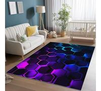 Washable Area Rug 120 x 170 cm, Soft Short Pile Non Shedding Living Room Neon Blue Purple Area Rug Non-Slip Futuristic Hexagonal Print Rugs, Carpet for Bedroom Kids Room Dining Room