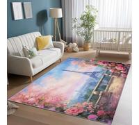 Washable Area Rug 120 x 170 cm, Soft Short Pile Non Shedding Living Room Pink Blue Area Rug Non-Slip Romance Eiffel Tower Roses Print Rugs, Carpet for Bedroom Kids Room Dining Room