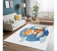 Washable Area Rug 140 x 200 cm, Soft Short Pile Non Shedding Living Room Blue Orange Area Rug Non-Slip Cartoon Fox Clouds Print Rugs, Carpet for Bedroom Kids Room Dining Room