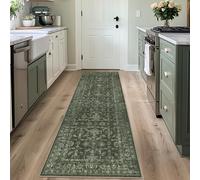 Washable Area Rug 2x6 Green Runner Rugs for Living Room, Vintage Boho Hallway Large Rug for Bedroom Dining Room Office, Distressed Floral Carpet for Under Table, Soft Non Slip Low Pile Throw Carpet