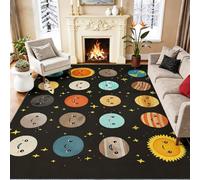 Washable Area Rug 60 x 90 cm for Living Room, Black Cartoon Celestial Planet Sun Mars Earth Non Slip Area Rugs for Bedroom, Non Shedding Soft Carpet for Teens Boys Girls Rooms