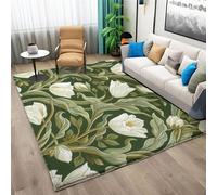 Washable Area Rug 60 x 90 cm - Non-Slip Low Pile Stain Resistant Easy to Clean Carpet, Retro Plant White Flowers - Sage Green Indoor Door Mat for Living Room Kitchen Bathroom Bedroom