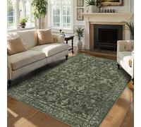 Washable Area Rug 6x9 Green Rugs for Living Room, Vintage Boho Large Rug for Bedroom Dining Room Office, Distressed Floral Print Carpet for Under Table, Soft Non Slip Low Pile Throw Carpet Indoor Mat