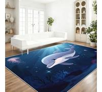 Washable Area Rug Dark Blue Non Shedding Easy Clean Carpet, Cartoon Ocean Jellyfish Dolphin Pattern Soft flannel Low Pile Rugs for Living Dining Bedroom Dining Room, 60 x 90 cm Shed Resistant Carpet