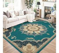 Washable Area Rug for Living Room 120 x 170 cm, Non-Slip Retro Exquisite Pattern Border Printed Carpet for Bedroom, Low-Pile & Non-Shedding Turquoise Cream Carpets for Dining Room Home Office