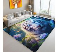 Washable Area Rug Living Room 100 X 150 Cm Fantasy White Tiger Forest Soft Short Pile Rugs White Blue Large Non Slip Carpet For Bedroom Dining Room Kitchen Kids Room Soft Faux Wool Flannel Rug
