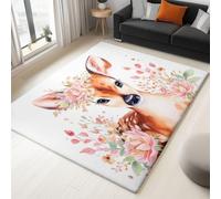 Washable Area Rug Watercolour Animal Deer Flowers 140 x 200 cm Area Rugs for Living Room, White Soft Anti Slip Indoor Floor Carpet, for Bedroom Dining Kitchen Home Runner