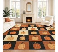 Washable Area Rugs 140 x 200 cm, Playful Harvest Rug for Bedroom Non Slip Rubber Backing, Soft Pumpkin Chequered Orange Brown Black White Seasonal Pattern Low Pile Floor Carpet for Living Room