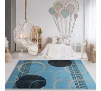Washable Area Rugs 160 x 230 cm, Soft Flannel Non-Slip Stain Resistant Low Pile Non-Shedding Blue Black Print Area Rugs Abstract Modern Round theme, Carpet for Bedroom Dining Room